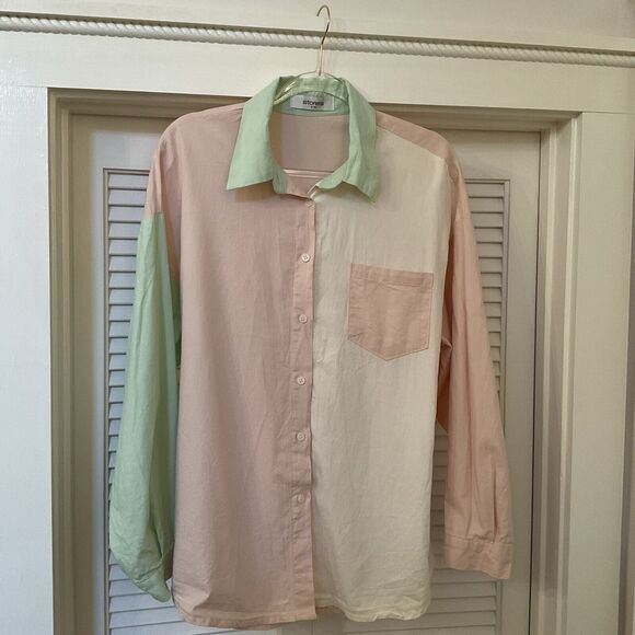 Storets Womens Color Block Long Sleeve Button-Up Blouse Green Pink, S/M - Picture 4 of 11